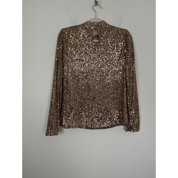 Cable & Gauge Gold Sequined Keyhole Neck Long Sleeve Lined Top Size Medium - Picture 6 of 6